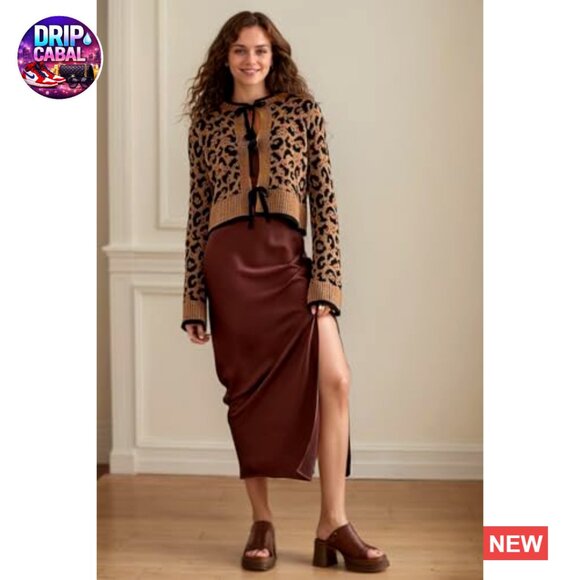 Leopard Print Cardigan Cropped Tie Front Long Sleeve Knit Sweater Y2K Chic - Picture 7 of 7